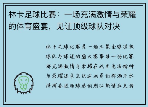 林卡足球比赛：一场充满激情与荣耀的体育盛宴，见证顶级球队对决