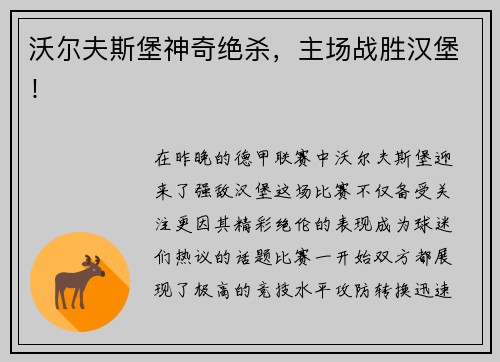 沃尔夫斯堡神奇绝杀，主场战胜汉堡！