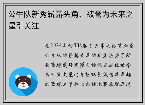 公牛队新秀崭露头角，被誉为未来之星引关注